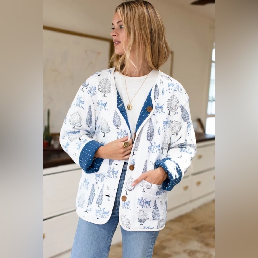 Emerson Fry Reversible Quilted Jacket Twin Fawn Organic Cotton Blue Large EUC
